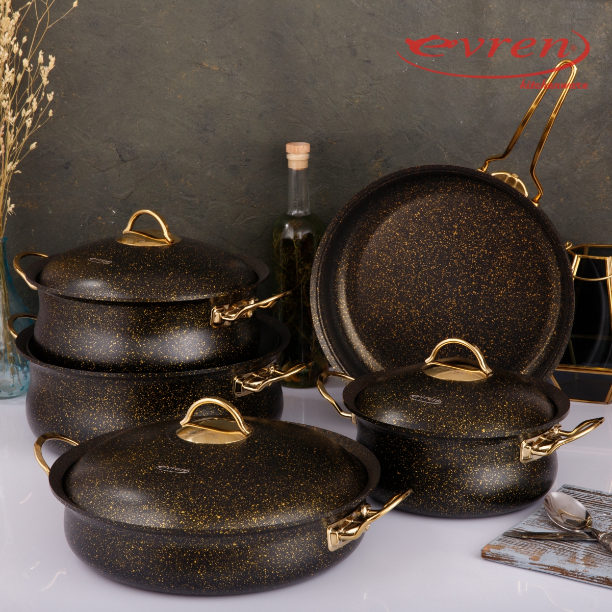 GOLD STONE GÜVEÇ 9 PARÇA SET/BLACK BELLY 9 PCS SET/ЧЕРНЫЙ НАБОР ИЗ 9  ПРЕДМЕТОВ