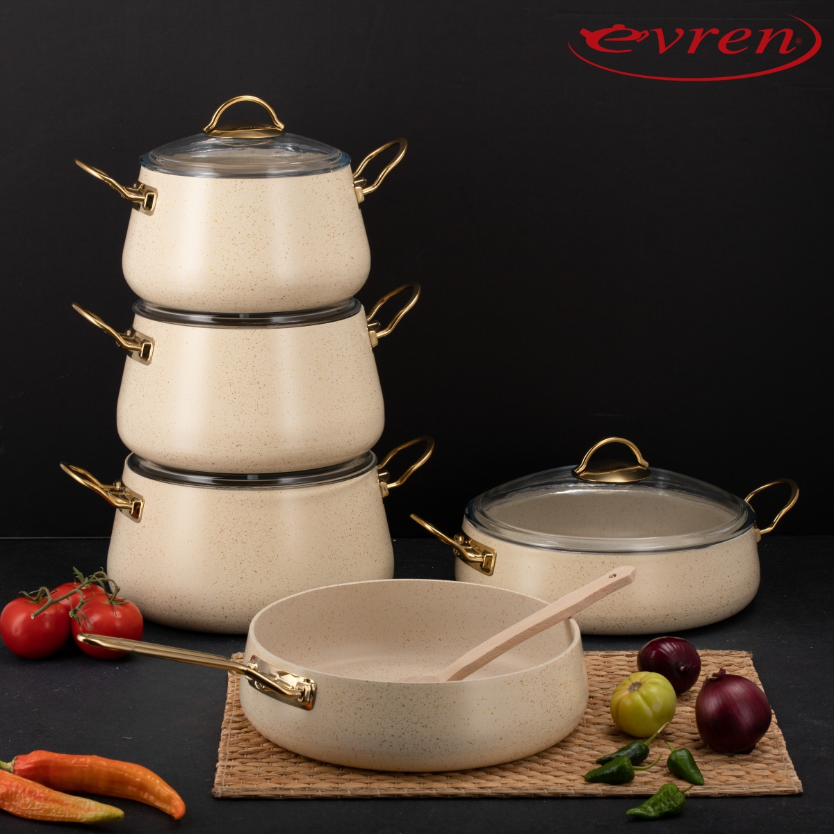 FİLDİŞİ BAKRAÇ 9 PARÇA SET/IVORY BUCKET 9 PCS SET/КРЕМОВЫЙ ПИРАМИДАЛЬНЫЙ НАБОР ИЗ 9 ПРЕДМЕТОВ