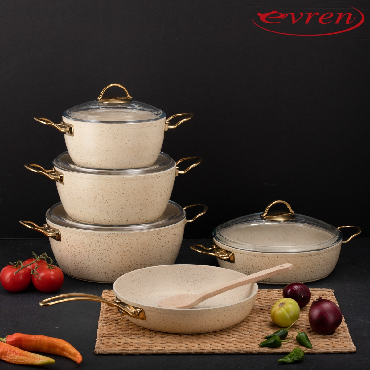 FİLDİŞİ EZME 9 PARÇA SET/IVORY FORGED 9 PCS SET WITH GOLDEN HANDLE